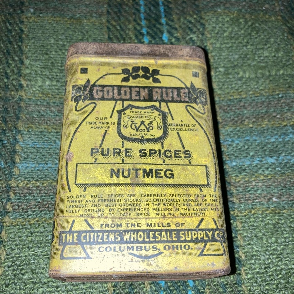 Antique Early Primitive Metal Tin Golden Rule Nutmeg Yellow Spice Can 5"‎